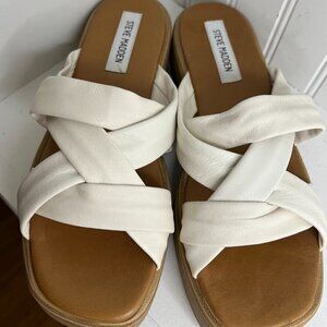 Steve Madden Womens Salita Leather Slip-On Flatform Sandals in Bone  Size 11